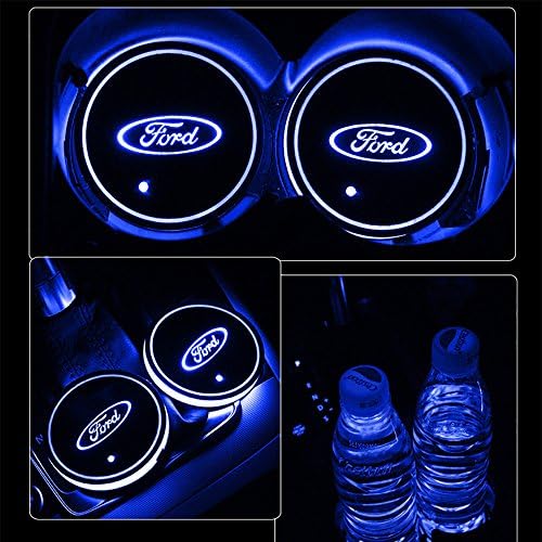 Alichee LED Car Logo Cup Holder Pad 7 Colors Changing USB Charging Mat LED Cup Mat Car Atmosphere Lamp Decoration Lights 2PCS (Ford)