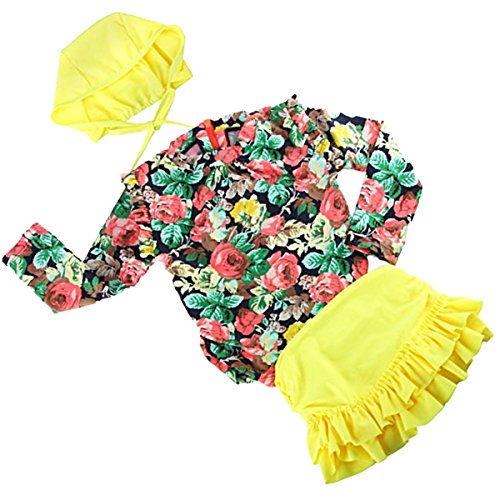 Baby Girls Toddler Kids 3 Pcs Long Sleeve Floral Sun Protection Swimsuit Swimwear (9-10 Years, Yellow)
