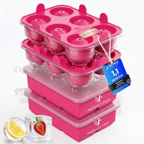 Neighbour’s Friend® Pinkes XXL Eiswürfel & Eiskugelform Set – 12 große 5cm Eiswürfel & 12 Eiskugeln aus Platinsilikon mit Deckel – BPA-frei für Cockta