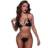 Women's 2 Pieces Lingerie Set Shiny Mini Tops and Stripes High-Elastic G-string Underwear Outfits