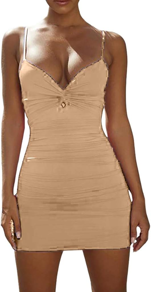 Aniywn Women's Basic Spaghetti Strap Tank Dress Sexy Sleeveless Slim Ruched Mini Club Dress