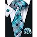 Barry.Wang Plaid Ties Check Mens Necktie Set with Handkerchief Cufflinks Classic Stripe Teal