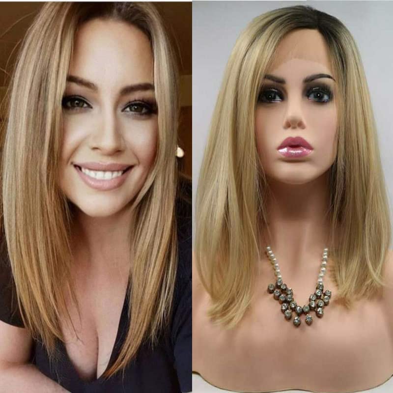 Sylvia Celebrity Hairstyle Short Blonde Bob Wigs Ombre Short Striaght Hair Synthetic Lace Front Wigs Golden Bob Hair Heat Resistant Lace Wig 14"