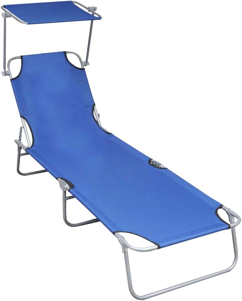 Unfade Memory Lounge Chaise Beach Chair Folding Sun Lounger with Canopy Aluminium Reclining (Blue)