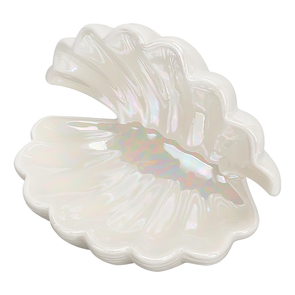 NBEADS White Shell Ceramic Jewelry Plate, Shell Shape Jewelry Plate Storage Tray Ring Earring Holder Ocean-themed Decorative Trinket Plate for Rings Necklaces Earring