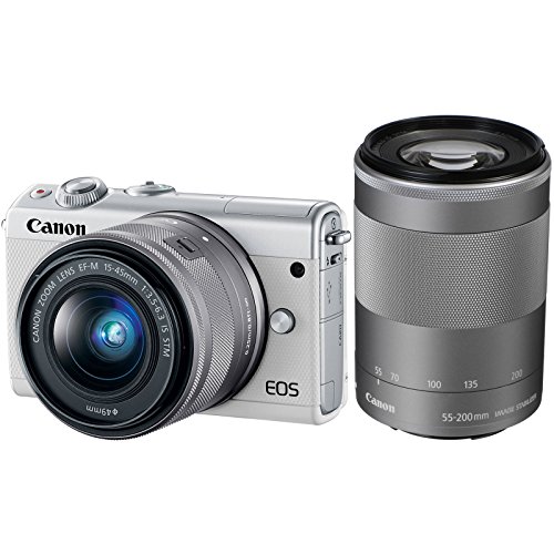 Canon-EOS-M100-Wi-Fi-Digital-ILC-Camera-EF-M-15-45mm-55-200mm-IS-STM-Lens-White-with-64GB-Card-Battery-Charger-Case-Filters-Strap-Tripod-Flash-Kit