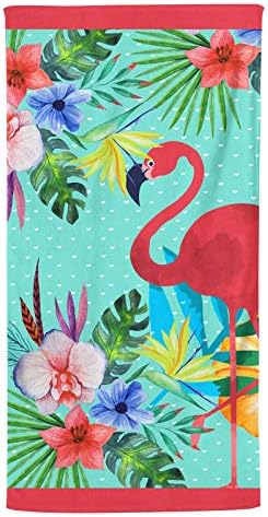 IT IDEAL TEXTILES Blue Flamingo Beach Towel, Multi Tropical Floral Flamingos 100% Cotton Velour Beach Towels, Bright Funky Holiday Swimming Pool Towels, 75cm x 150cm