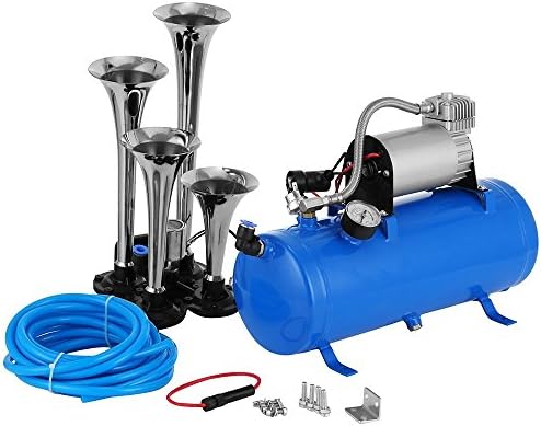 Hindom 150DB Super Loud train horns kit for trucks, 4 Air Horn Trumpet for Car Truck Train Van Boat, with 100PSI 12V Compressor and Gauge