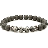 Kartini Studio Natural Stone Bracelet for Men, Gift Idea for Man, Bead Bracelets for Men (Grey Jasper & Larvikite)