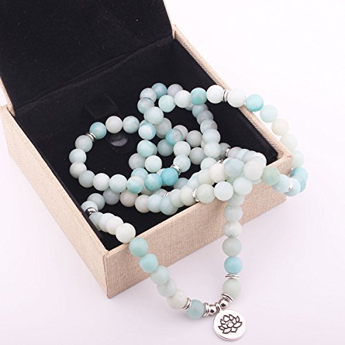 GVUSMIL Amazonite 108 Beads Mala Bracelet for Women Men with Lotus Pendant for Buddhist Prayer Meditation Japa Charm healing Necklace