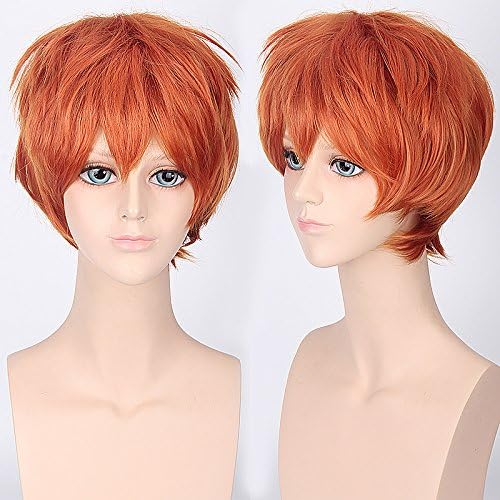 Hawkko Short Straight Orange Cosplay Wig Unisex Synthetic Costume Halloween Party Full Hair Wig For Boys Girls Mens Women