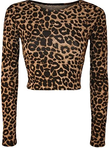RZN Fashion WOMENS LADIES LONG SLEEVEs LONG TARTAN CAMOUFLAGE ANIMAL PRINT CROP TOP, Brown Leopard, ML