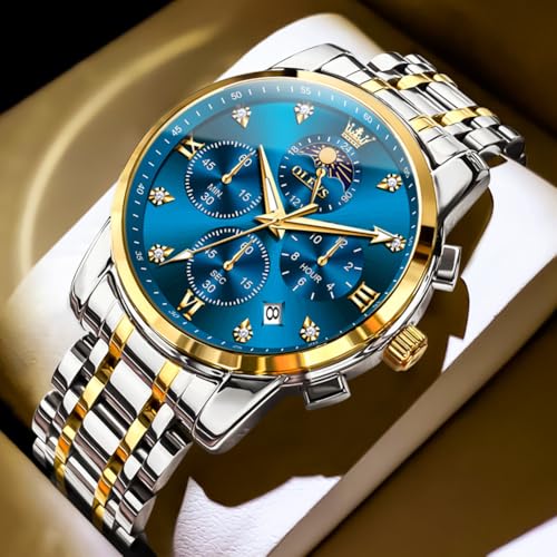 OLEVS Watch for Men Diamond Business Dress Analog Quartz Stainless Steel Waterproof Luminous Date Two Tone Luxury Casual Wrist Watch Blue