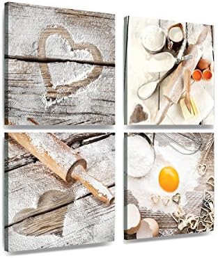 Love Baking Modern 4 Pieces 4x 30x30cm Stretched and Framed Canvas Wall Art Pictures Paintings on Canvas Wall Art for Kitchen Home Decorations