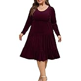 D.Q.RZhong Plus Size Velvet Dress for Women Long Sleeve A-Line Waist Tiered Flowy Cocktail Party Dresses with Pockets