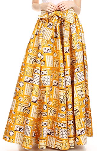 Sakkas 19417 - Ami Women's Maxi Long African Ankara Print Skirt Pockets & Elastic Waist - 132-GoldMulti - OS