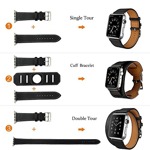 3 in 1 iWatch Leather Cuff Band,Eoso [Bracelet/Single/Double] Leather Loop Band for Apple Watch,Sport,Edition Models((5 Pieces of Bands Included for 3 styles,38mm Black) - Thumbnail 2