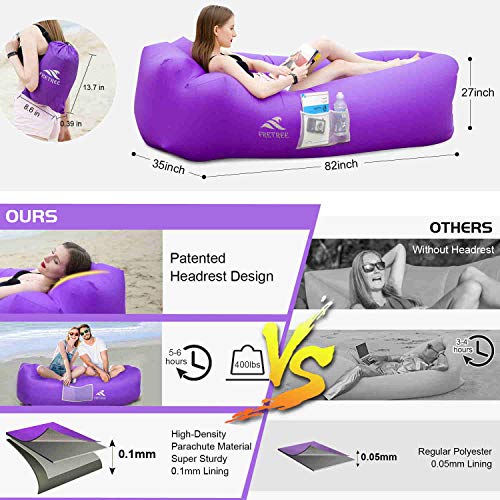 FRETREE Inflatable Lounger Air Sofa Hammock - Portable Anti-Air Leaking & Waterproof Pouch Couch and Beach Chair Camping Accessories for Parties, Travel, Camping, Picnics, Pool, Large, Purple