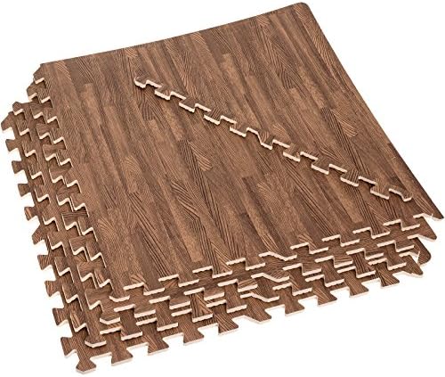 EVA Foam Exercise Mats - 64 Sq Ft Wood Grain Gym Floor Interlocking Mats (Dark)