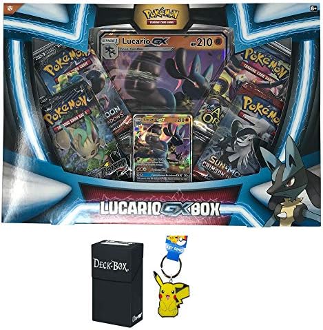 Pokemon Ultra Prism Lucario GX Premium Collection Box - Pokemon GX Card Box Bundle Includes 4 Rare Pokemon Sun and Moon Booster Packs, Bonus Pikachu Keychain and Ultra Pro Pokemon Card Deck Box
