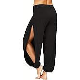 Topjini Harem Pants for Women Double High Slit Leg Flowy Yoga Pant Pilates Dance Hippie Wrap Beach Cover-Up Pants