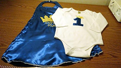 2 piece 1st Birthday baby boy birthday set outfit Smash cake photo prop prince king royal blue gold crown onesie cape 6 months to 24 months