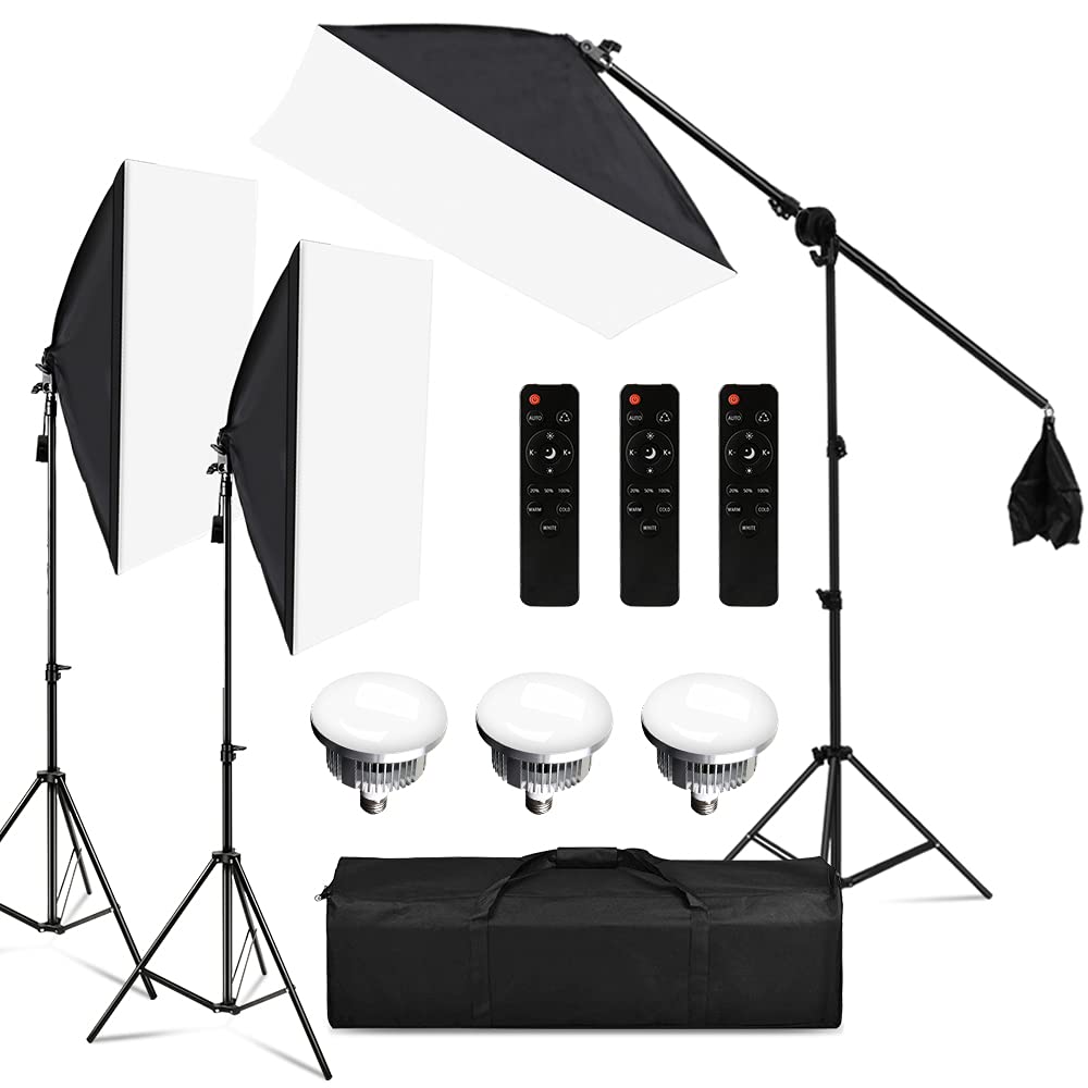 Softbox Lighting Kit 20x28 inch, Professional Studio Continuous Equipment with 2M Light Stand, 3200-5700K 85W Remote Control Bulb with Remote Control for Photo Studio Portrait Photography