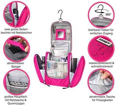 KRONIFY Premium Large Hanging Toiletry Bag with Mirror, Pink, XXL - Image 3