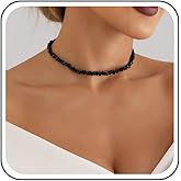 Andelaisi Boho Irregular Bead Necklace Choker Black Onyx Crystal Choker Necklace Vintage Chip Stone Beads Necklace Jewelry Irregular Natural Stone Beads Necklace for Women