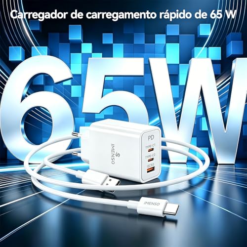Carregador Universal 65W, 2 Saídas USB-C + USB-A, Carregador Rápido com Cabo, PPS 3.0, Voçagador para Notebook, Celular, Tablet, iPhone, Samsung, Xiaomi, Motorola – 100-240V, IMS-268PC