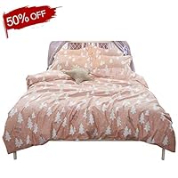 BoxHome Tree Pattern Girls Full Bedding Duvet Cover Pink Background Dream Forest 100% Cotton Queen Bedding Collections for Kids Children Teen Women Zipper Closure and Ties
