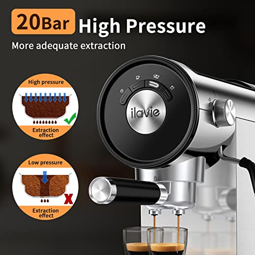 ILAVIE Espresso Coffee Machine with Steamer, 20 Bar Espresso Maker with Milk Frother Steam Wand, Espresso and Cappuccino Maker, Easy to Use at Home, Stainless steel, 1250W