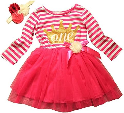 LMC One Year Old Baby Girl Long Sleeves Birthday Party Dress Set with Handmade Matching Elastic Headband