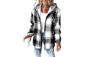 CHICME Womens Lightweight Casual Jacket 2025 Plaid Long Sleeve Shacket Fleece Lined Hooded Jackets Warm Coat