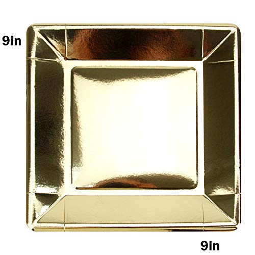 Pack of 100 Gold Disposable Shiny Foil Paper Plates, Square 9", Party Supplies for Appetizer, Lunch, Dinner, or Dessert