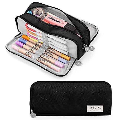 Yordawn Astuccio Astuccio Grande Portamatite Capacità con 3 Scomparti Astuccio Portapenne per Bambina Ragazza Ragazzo Adulto Adolescente Studente Collegio Forniture Scuola Media Regalo (Nero)
