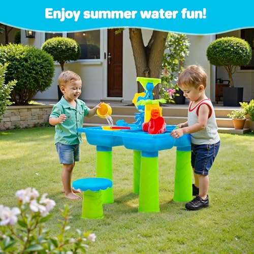 Warmiehomy Sand and Water Table for Toddlers 3-5, Kids Outdoor Play Table with Stool, 4 in 1 Activity Sensory Tables, Accessories Summer Backyard Outdoor Beach Toy for Boys Girls Age 3 4 5