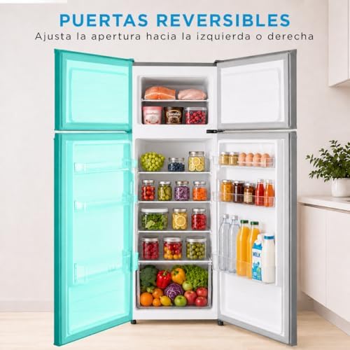 Frigorífico 2 puertas 140 cm alto x 55 cm ancho, Inox, Capacidad 204 L, Nevera Pequeña con Congelador Low Frost de Bajo Consumo, Puerta Reversible, Luz LED, Silencioso 40dB, Cajón de Frutas
