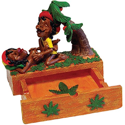 Ashtray - Intricate Polyresin Rasta - Jamaicans Making Love on Marijuana Weed Leaf Stashbox - Cigarette and Marijuana Ashtray