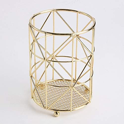 Hollow Round Pencil Holders Pencil Brush Pot, Wire Mesh Desktop Stationery Organizer Storage Box Without Lid, Makeup Brush Container Desk Decoration (Gold)
