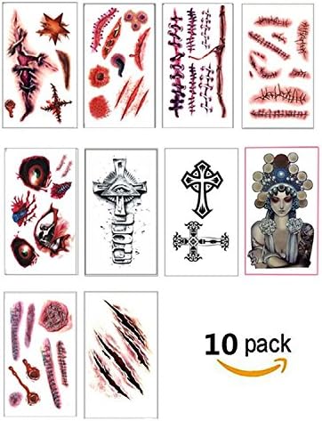 Halloween Scars Temporary Tattoos Removeable for Zombie Vampir Cosplay Birthday Party Favors- 10 sheet