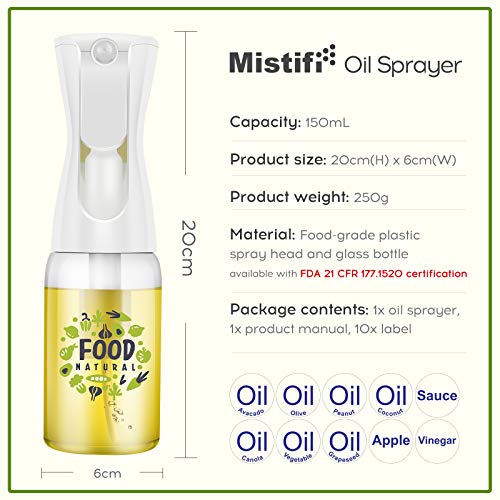 Mistifi Glass Oil Sprayer/Mister 5.1 fl oz (150ml), For Cooking Oil