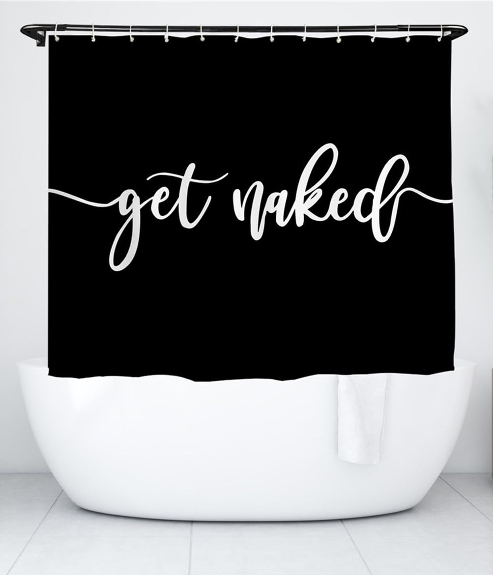 goodbath Short Shower Curtain Black, Get Naked Waterproof Bathroom Curtains Anti Mould Fabric Bath Curtains,180cm x 150cm Drop