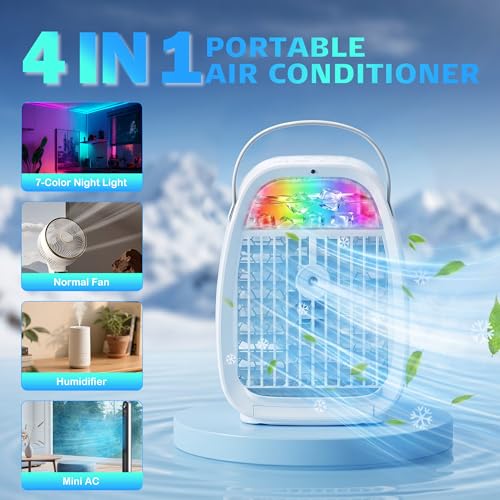 Portable Air Conditioner, 1100ML Mini Air Cooler with Remote Control, 4-in-1 Portable Air Cooler Fan, 3 Speeds, 2 Mist Modes, 1-4H Timer, 7 Colour LED, USB Cooling Fan for Bedroom Office Car Camping