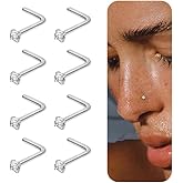 Titanium Nose Rings Studs, 20G L Shaped Silver Nose Studs for Women Men 8pcs Silver Hypoallergenic Non Tarnish Nose Ring Smal