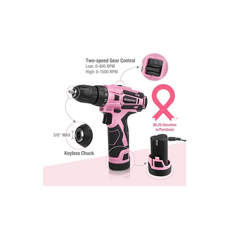 WORKPRO Pink Cordless Drill Driver Set, 12V Electric Screwdriver Driver Tool Kit for Women, 3/8