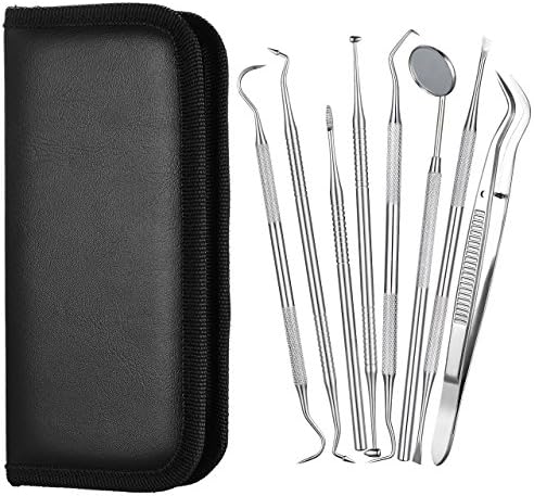 8 PACK Dental Tools, ElleSye Dental Pick Oral Care Kit, Stainless Steel Dental Hygiene Kit Set, Tooth Scraper Tartar Dental Scaler Tweezers Mouth Mirror for Personal & Pet Oral Care Use(Bright Silver)