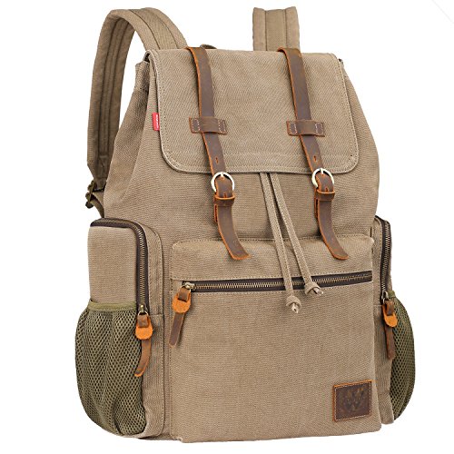 Wowbox 17.3 Inch Laptop Canvas Backpack Unisex Vintage Leather Casual Rucksack School College Bags Satchel Bookbag Large Capacity Hiking Travel Rucksack Business Daypack for Men and Women Light Coffee
