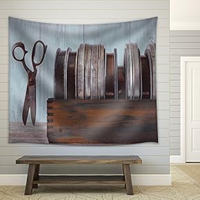 Wooden Box with Old Movies and Scissors - Fabric Wall Tapestry Home Decor - 51x60 inches