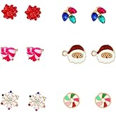 Christmas Stud Earrings Set for Women Santa Claus Snowflake Candy Bow CZ Tiny Small Cartilage Studs Cute Ornament Stocking Stuffers Hypoallergenic Party Jewelry Gifts for Daughter Bff New Year Festival